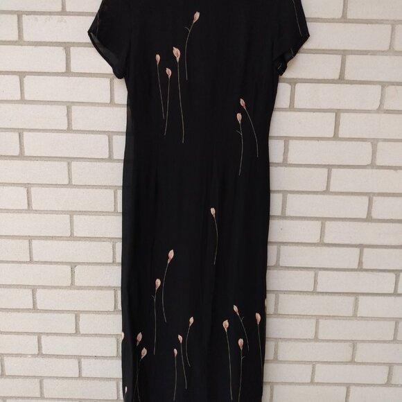 Vintage 90s Black Chiffon Dress with Flowers Size 8 Made in Canada by Braemar - Picture 2 of 13